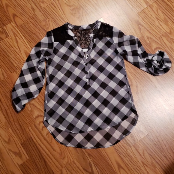 New York & Company Tops - NY & Co Black & White Checkered Blouse with Lace